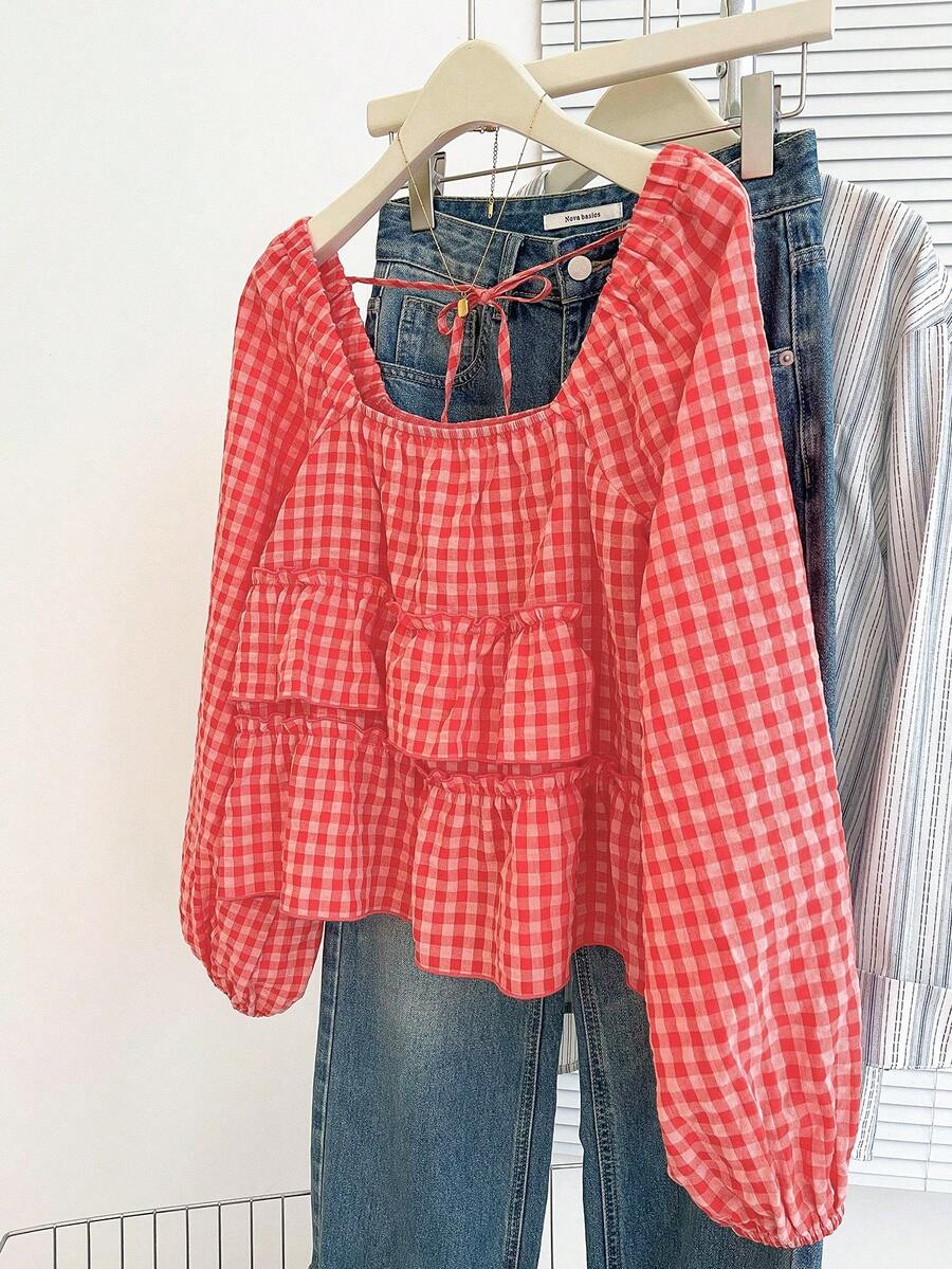 Franclia Nueva llegada de top con volantes en el bajo para mujer, estilo lindo de otoño - Rojo - View 1