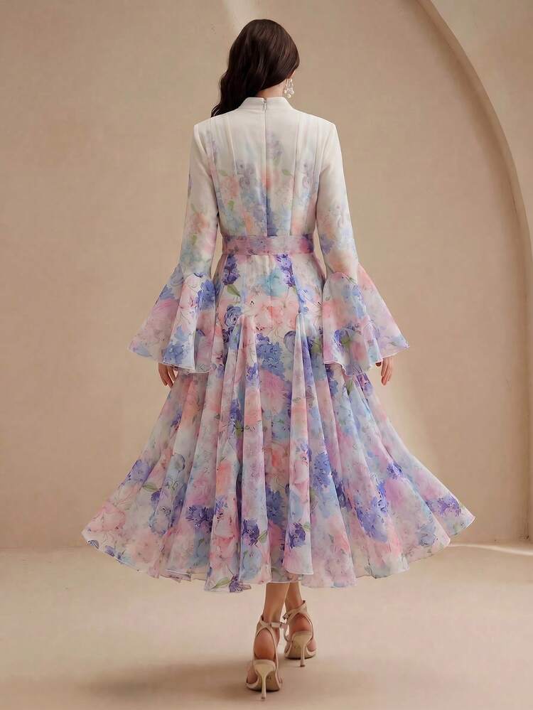 Women's Floral Pattern Flare Sleeve Button Design Elegant Dress