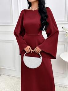 Modelyn Women Solid Color Long Sleeve Cinched Waist Simple Casual Ankle Length Modest Dress, Burgundy Modest Party Dress Long Evening Dresses - Burgundy - View 7