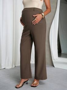 MaterniChic Maternity Casual Everyday Workwear Solid Color Loose Fit Wide Leg Pants With Side Pockets Spring - Brown - View 6