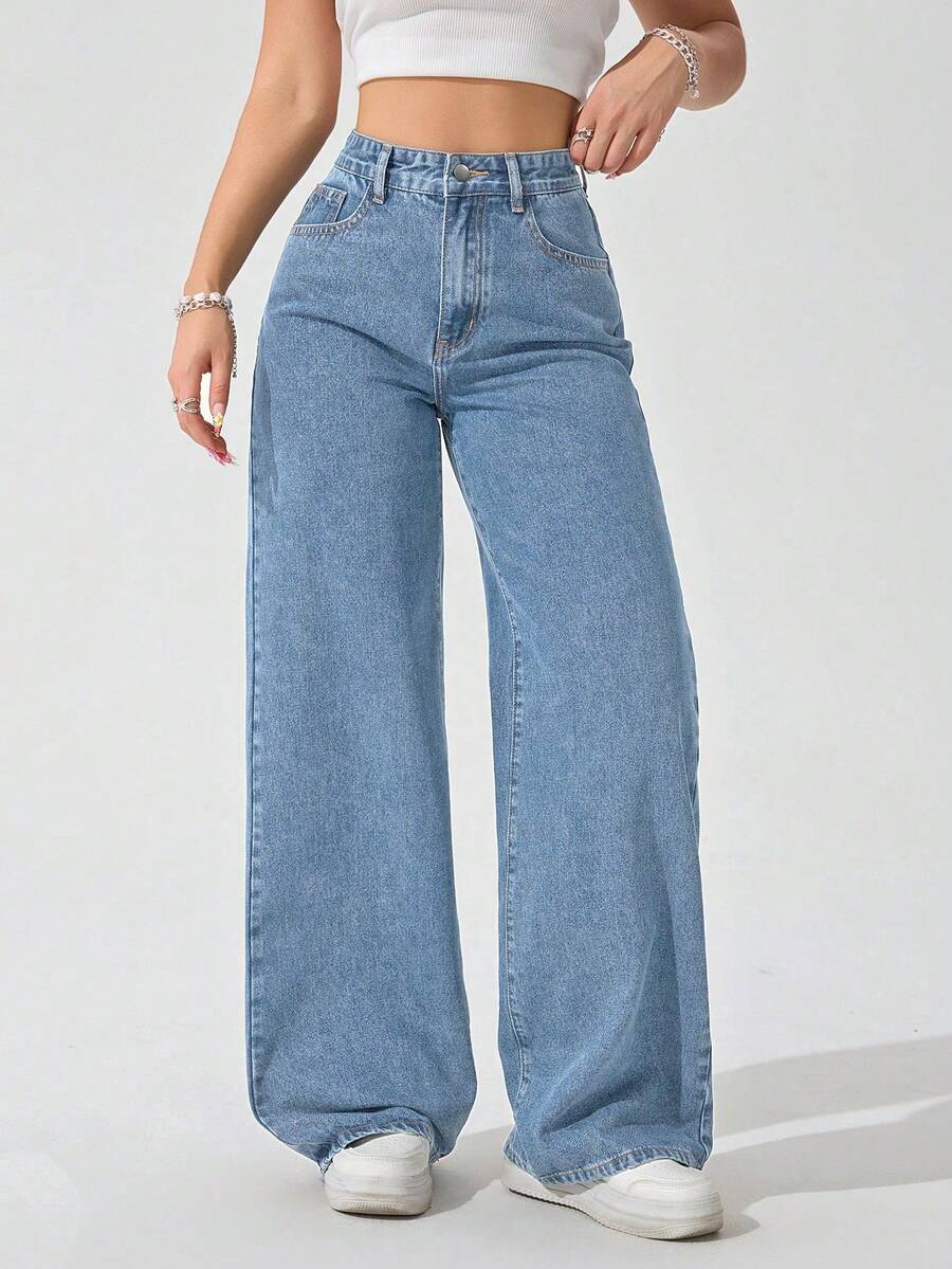 SHEIN ICON Spring Summer Casual Chic Vintage Plus Size Mid Wash Wide Leg Denim Daily Wear Weekend Street Style Women Jeans - Light Wash - View 1
