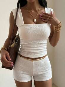 Livesso 2pcs/Set Women Lotus Leaf Texture Cropped Camisole And Shorts Pajama Set, Summer - White - View 5