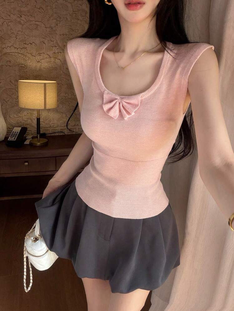 Spring & Summer Pink Casual Fashionable Front Tie-Up Waist Design Knit Pullover Short Sleeve Sweater Top For Women