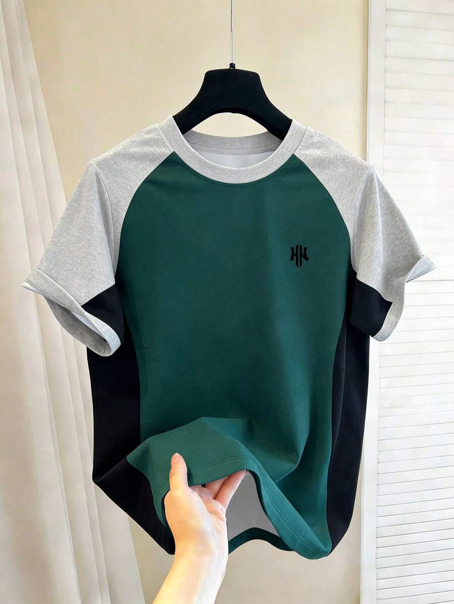 Manfinity Hypemode Men's Creative Double H Pattern Colorblock Round Neck T-Shirt,Fashionable Casual Grey Summer Vacation Versatile Sporty Short Sleeve T-Shirt - Multicolor - View 1