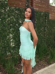 Natali Santanap Summer Ladies Elegant Solid Color Asymmetrical Ruffle Dress - Mint Green - View 4