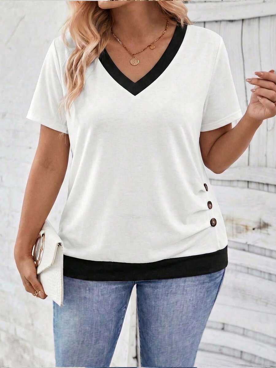 EMERY ROSE Fashionable Casual New Vintage V-Neck Side Hem Pleated Button Contrast Color Plus Size T-Shirt - Multicolor - View 1
