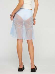 COUREZ Light Blue Y2k Summer Mesh Midi Skirt For Women,Low Rise Sheer Cute Party Outfits,Festival Spring Outfits, Blue Skirts - Baby Blue - View 4