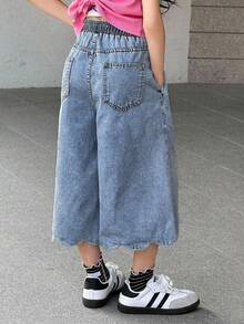 SHEIN 少女浅蓝色刺绣波浪边宽松阔腿牛仔裤 - 藍色 - 查看 5