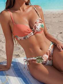 SHEIN Swim Random Floral Print Push Up Bikini Set Featuring Underwire And Adjustable Spaghetti Straps, Summer Beach - Rusty Rose - View 3