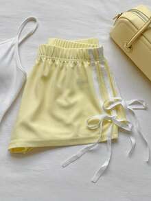 Comfortcana Quần short ống rộng dệt kim màu xanh lam bạc màu kiểu cổ điển dành cho nữ - Màu vàng - Xem 4