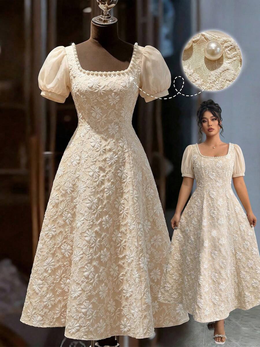 Elenzga Plus Size Women's Summer Fashionable Exquisite Elegant Pearl Texture Jacquard Decor Square Neck Short Sleeve Waist Fit A-Line Dress - Apricot - View 1