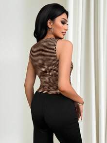 Vavine Elegant Black & White Plaid Metal Button Sleeveless Thin Vest For Women Gingham Top Sleeveless Top Plaid Top - Coffee Brown - View 2