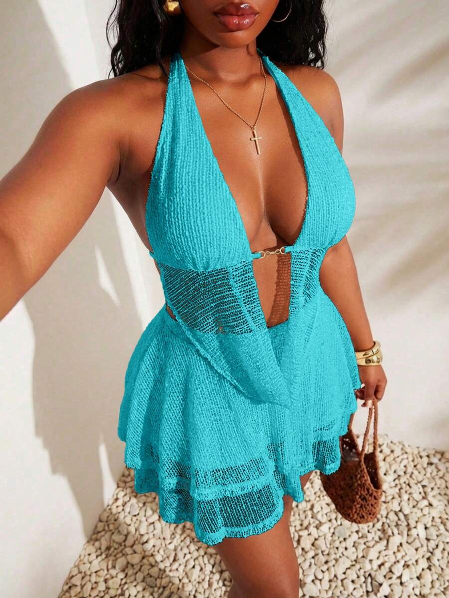 SHEIN SXY Blue Halter Knitted Mesh Skirt Set With Backless Design And Flared Hem For Women's Resort Wear - Teal Blue - View 1