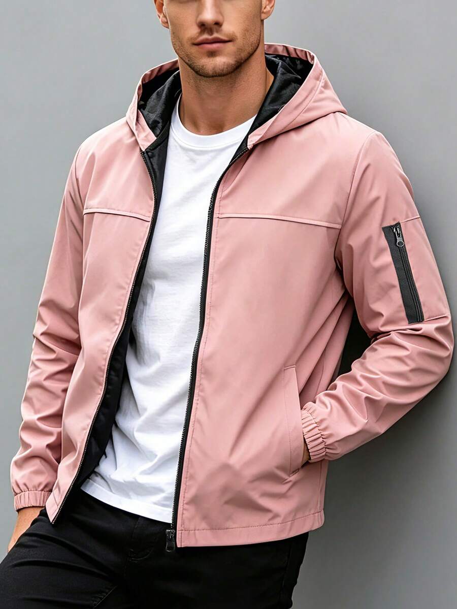 Manfinity Homme 男士连帽拉链休闲百搭日常长袖外套 - 粉色 - 查看 1