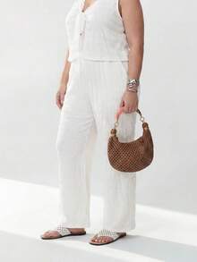 Solavibe Plus Size All White 2 Pieces Lace Trim Knit Set Vacation Summer Outfit Zante Holiday Two Piece Set Yrack Suits For Ladies Brunch Formal Party Casual - White - View 7