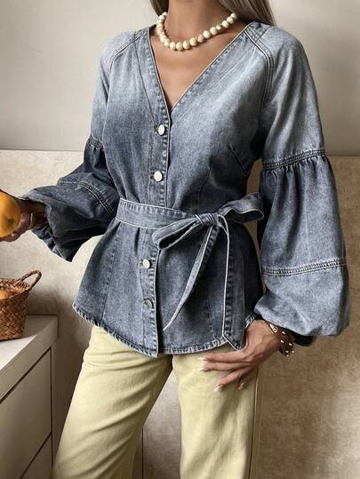 DAZY Áo khoác denim dáng vintage thanh lịch, thắt eo, phong cách thường ngày, thích hợp cho mùa xuân và hè, dành cho nữ.