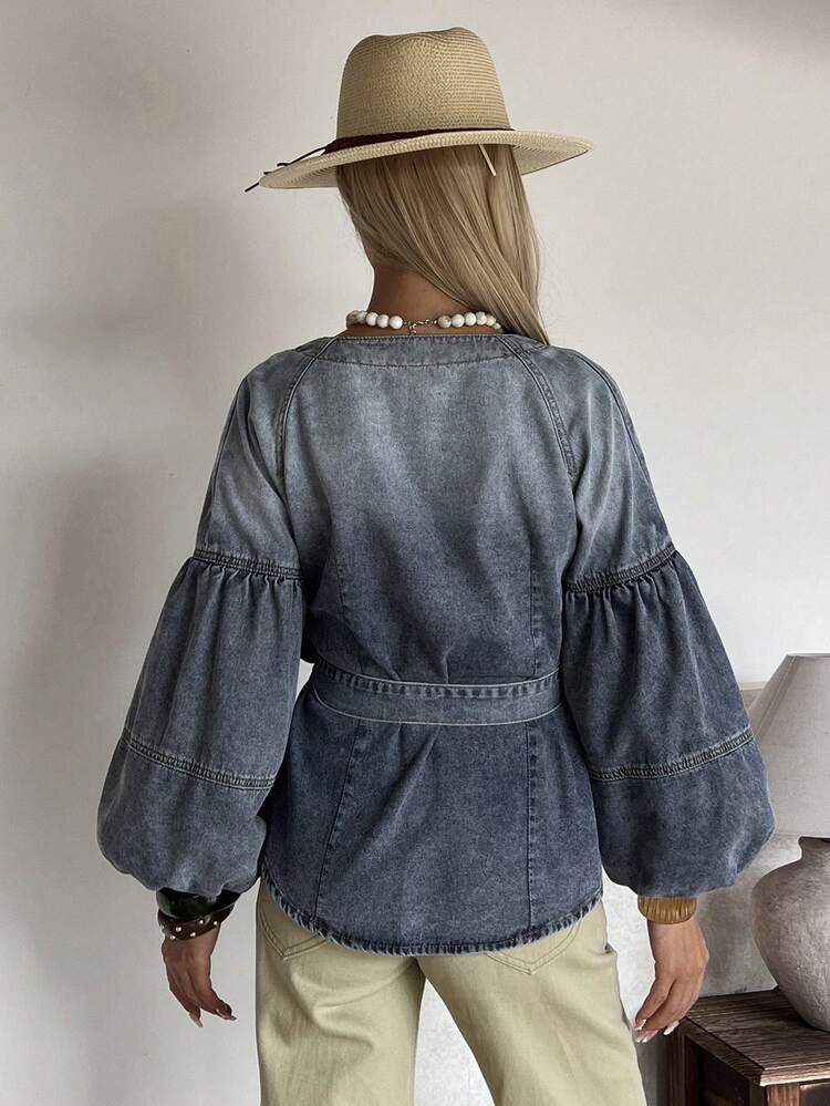 Spring & Summer Casual Elegant Cinched Waist Vintage Washed Denim Jacket & Coat For Women