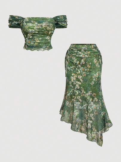 SHEIN MOD Plus-Size Women's Vintage Green Oil Painting Botanical Print Mesh Two Pieces Set With Off-Shoulder, Mermaid And Asymmetrical Hem – Perfect For Vacation, Date, Picnic, Party, Prom, And Festival Green Two Pieces Green Outfit Women Green Summer Outfit Floral Print Skirt Set Vacation Green Outfit, Valentine's Day, Carnival Costume , Valentines Day Outfit , Summer Clothes , Spring Women , Carnival Costume,São João Look,Peasant