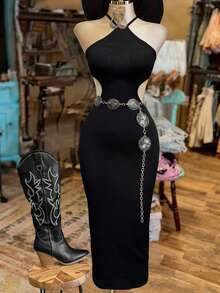 Women's Open Shoulder Hollow Out Bodycon Party Dress, Suitable For Gatherings - Black - View 3