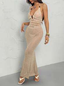 SHEIN PETITE Đầm maxi dệt kim hở lưng cổ yếm thoải mái dành cho nữ, đầm maxi mùa hè, đầm maxi đi biển, đầm móc, đầm đi nghỉ mát mùa thu/đông. - Màu be - Xem 3