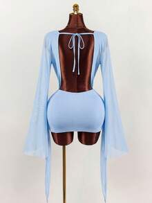 Amplova Gaun Mini Bodycon Nuansa Romantis untuk Liburan, Warna-warna Alami, Kerah Berpotongan Rendah, Lengan Mengembang - Baby Blue - View 2