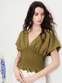 Aveloria Modichic Blusa elegante y minimalista francesa con cuello en V, cintura plisada, volantes y lazo en la espalda a rayas para uso diario y vacaciones - Verde Oliva - Ver 4