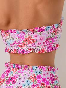 Swim Mod Conjunto de 2 piezas con parte superior con volantes tipo bandeau y traje de baño de flores diminutas, mejor vendido para primavera/verano - Multicolor - Ver 6