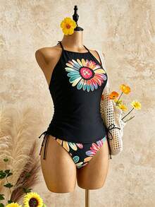 Swim Lushoire Women's Floral Print Halter Neck Drawstring Side Top And Triangle Casual Tankini Set,Summer Beach - Multicolor - View 6