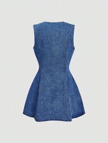 SHEIN MOD 女款圓領無袖前開扣牛仔洋裝，時尚秋季早午餐藍色休閒 70 年代風 - 中等水洗藍 - 查看 3
