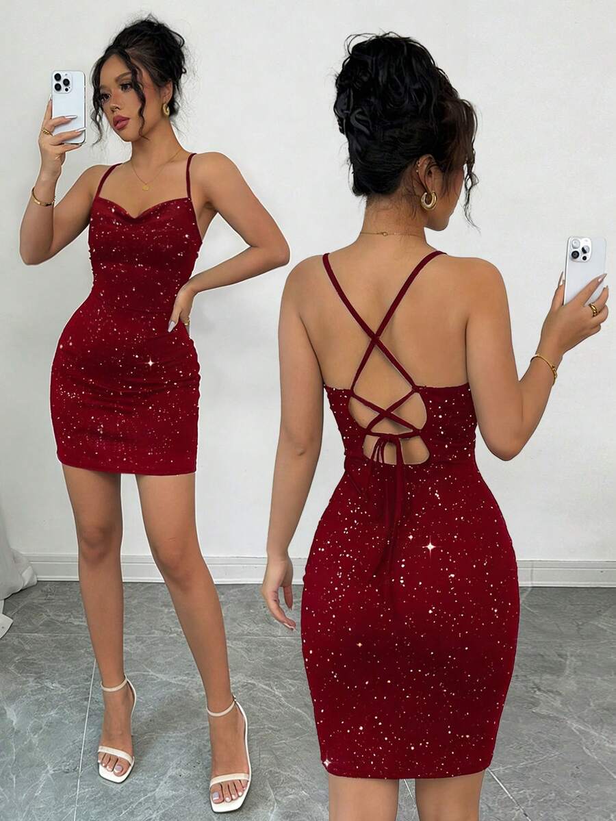 Elenzga Women's Spaghetti Strap Draped Neck Shiny Sequin Bodycon Dress,Burgundy Red,Summer,70s Retro,Club Night,Party,Criss-Cross Tie-Up Waist Clubwear - Burgundy - View 1