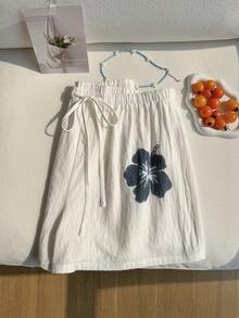 Comfortcana Quần short cotton dáng rộng, thoải mái, họa tiết hoa dâm bụt, có dây rút, thích hợp để phối cùng bikini đi biển mùa hè. - trắng - Xem 12