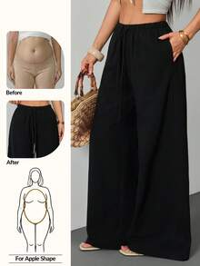 SHEIN PETITE Textured Linen Feel Tie Waist Trousers, Casual Boho Beachwear, Suitable For Spring/Summer, Versatile All-Match Style - Black - View 13