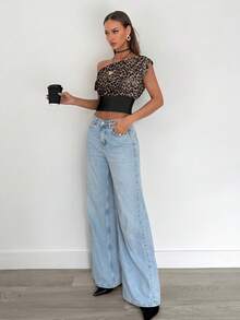 Siren Gaze 女士休闲优雅不对称领口褶皱短款上衣，适合夏季日常穿着，豹纹印花 - 彩色 - 查看 7