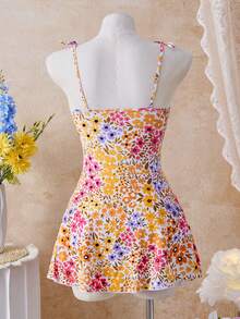 Swim Mod Women's White Floral Summer Boho Holiday Pool Party Holiday Beach Dress,One-Piece Swimsuit,Adjustable Drawstring Bow Tie Strap Spaghetti Strap Romper - Light Yellow - View 2
