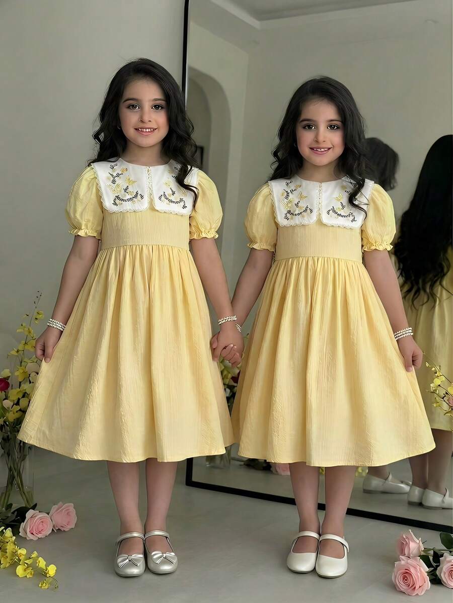 SHEIN 青少年女孩寬鬆休閒花瓣袖花卉圖案刺繡中長洋裝 - 黃色 - 查看 1