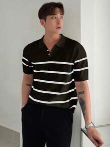 DAZY 男士夏季條紋針織上衣 - 黑色 - 查看 4