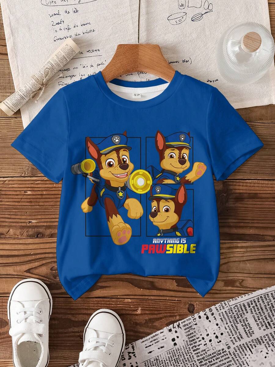 SHEIN | PAW Patrol 男童卡通印花圆领休闲短袖T恤 - 白色 - 查看 1
