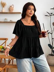 Enliva Blusa de talla grande con cuello cuadrado, ajuste holgado, volantes en capas y manga corta, para Body tipo manzana y redondeado - Negro - Ver 8