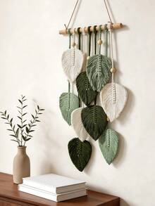 1pc Macrame Wall Hanging, Boho Style Wall Decor Tapestry, Handwoven Green Leaf Tassel Wallpaper - Green - View 7