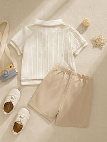Souflis Souflis 2 pièces/Set Chemise à manches courtes style français et short kaki pour bébé/tout-petit garçon, convient pour le printemps/été, les vacances, l'école et d'autres occasions - Nude - Voir 2