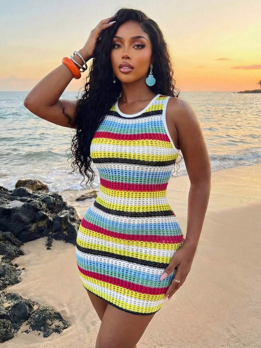 Lureya 女士夏季活力条纹印花针织纹理面料高腰修身迷你连衣裙，无袖背心裙，适合海滩、度假、日常休闲穿着 - 彩色 - 查看 1