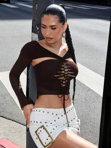 Denimoi Sexy Ruched Fitted Mesh Hollow Lace-Up Off Shoulder Long Sleeve Flared Women Top, Summer - Rust Brown - View 4