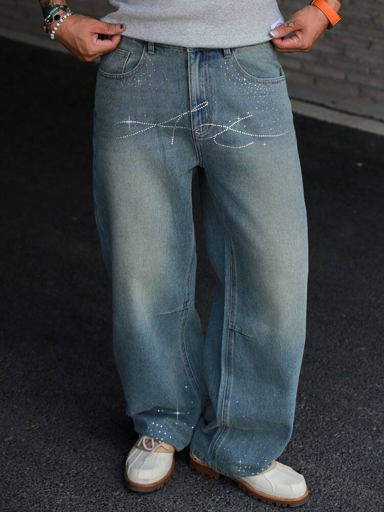 Spring Rhinestone Letter Embellished Casual Men's Long Denim Jeans
