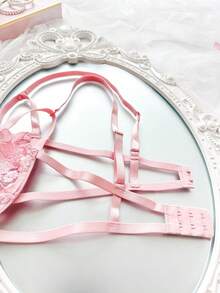 2 piezas Conjunto de lencería con cordones y bordados en azul cielo para mujeres - Rosa - Ver 5