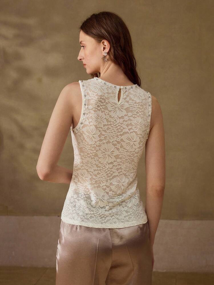 2026 SUMMER NEW FASHIONABLE SLEEVELESS BEADED & RHINESTONE DECORATED ROUND NECK TANK TOP, ELEGANT & SLIMMING