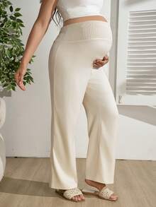 SHEIN Pantaloni a vita bassa a righe, a gamba ampia e lunghezza alla caviglia, con decorazione su doppia vita, per gravidanza - Albicocca - Visualizzare 5