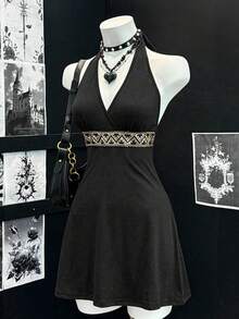 EgrlEra Sexy V-Neck Waisted Elegant Dress For Women - Black - View 8