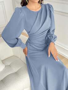 Modelyn Women Elegant Solid Color Lantern Sleeve Midi Dress, Autumn Long Evening Dresses - Blue - View 6