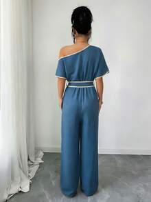 Rafferiza Casual Vacation Asymmetrical Shoulder Textured Soft Elastic Waist Comfortable Slimming Wide Leg Pants, Khaki, Spring/Summer - Blue - View 5