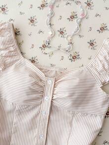 Blusa casual con pliegues en el pecho y volantes a rayas para niñas preadolescentes - Caqui - Ver 4